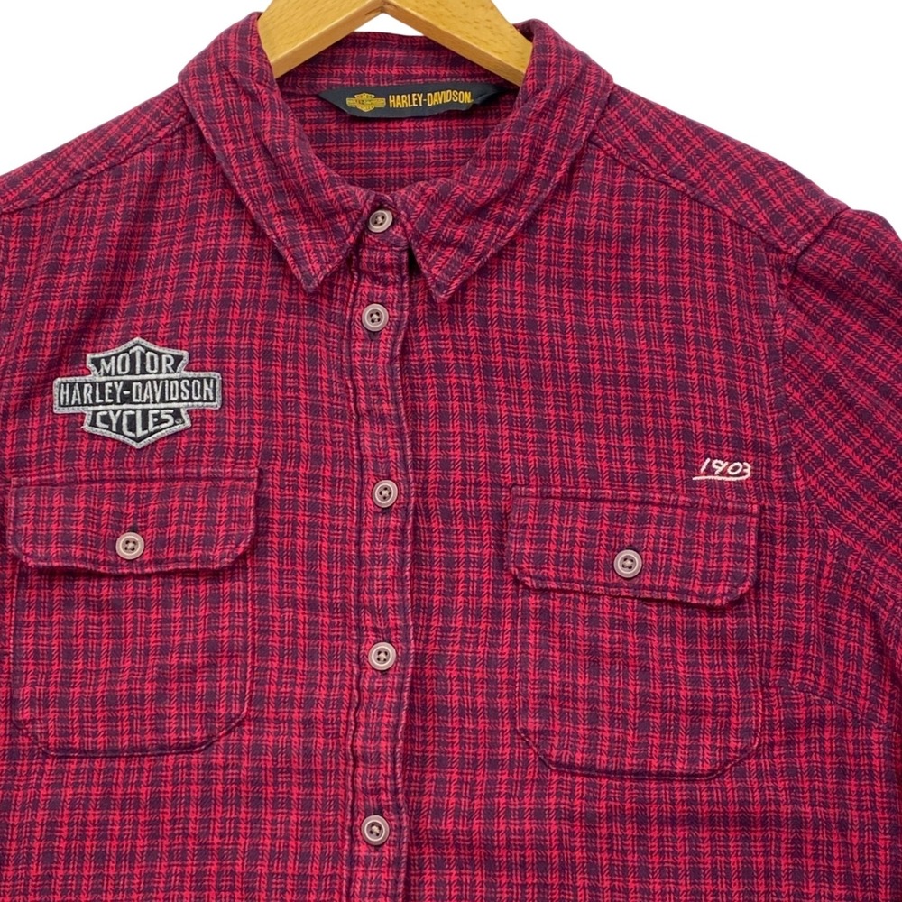 Harley-Davidson Flannel Plaid Button Up Shirt Womens XL Red Black Studded Back